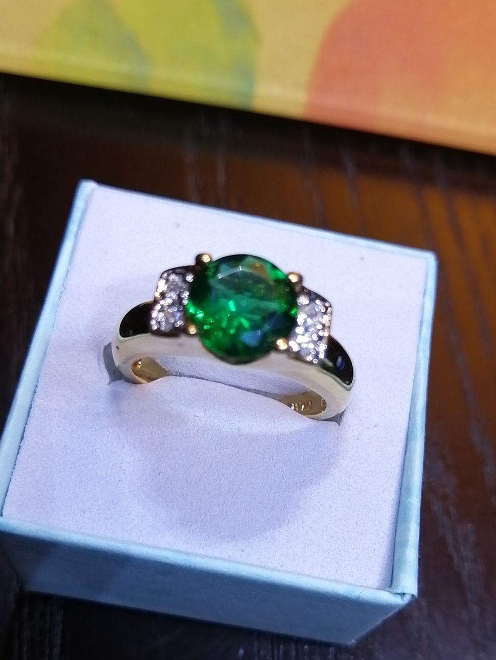 14 K Gold plated With Green Snd Clear Cubic Zirconia Ring Size 7.5